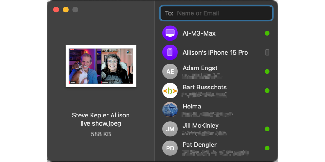 Blip screenshot on Mac showing my devices and people I have connected with