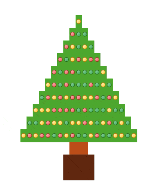 blinking red green yellow dots on green background in the triangle shape of a tree